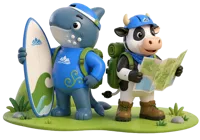 Doazores mascot cow with helmet and backpack