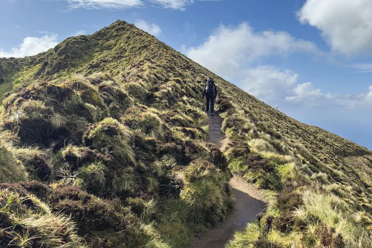 Green mountain trail on Sao Jorge island in the Azores