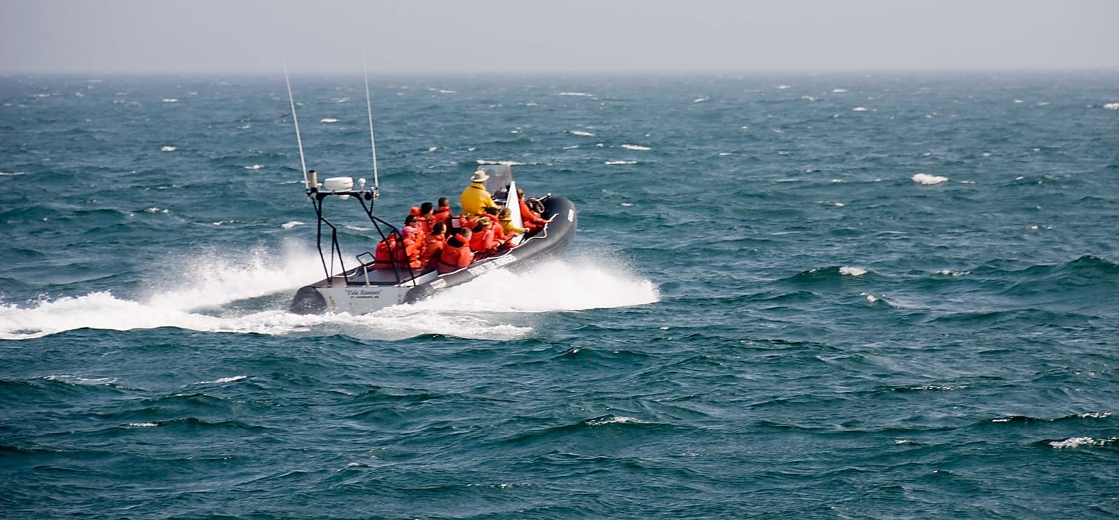 A small-group zodiac running out through Atlantic swell with guests aboard